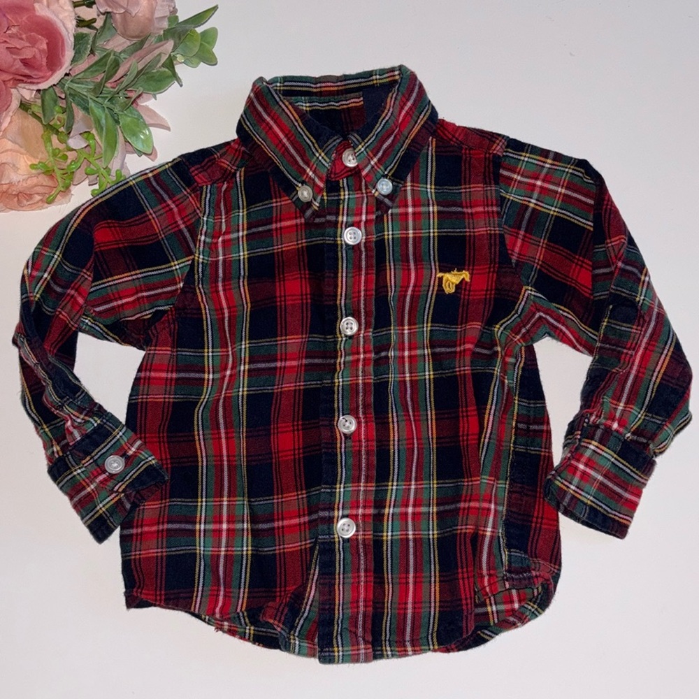 Wrangler Baby 12M Baby plaid button down shirt with Horse Christmas Plaid